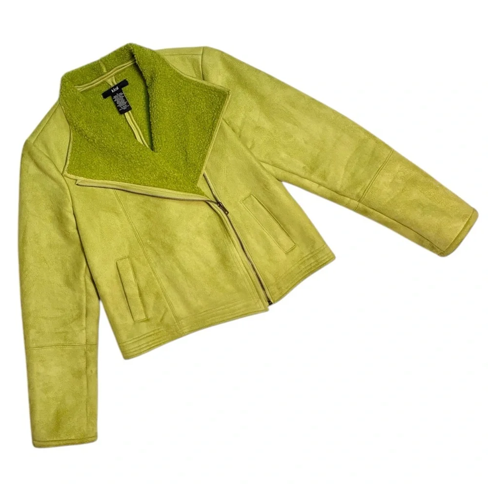 Kial Lime Green Faux Suede Sherpa Statement Moto Jacket - Picture 4 of 7